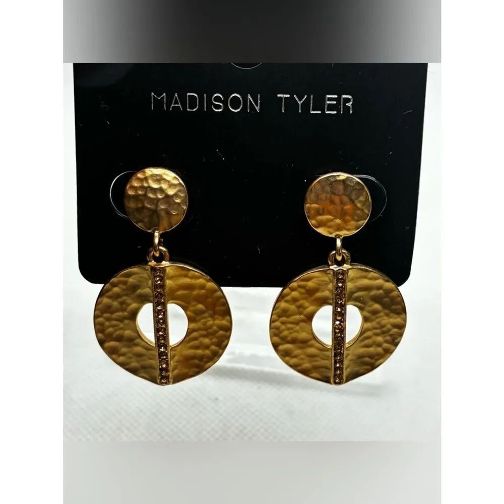 3For$20 Madison Gold Textured Circle Drop Earrings with Rhinestone Bar